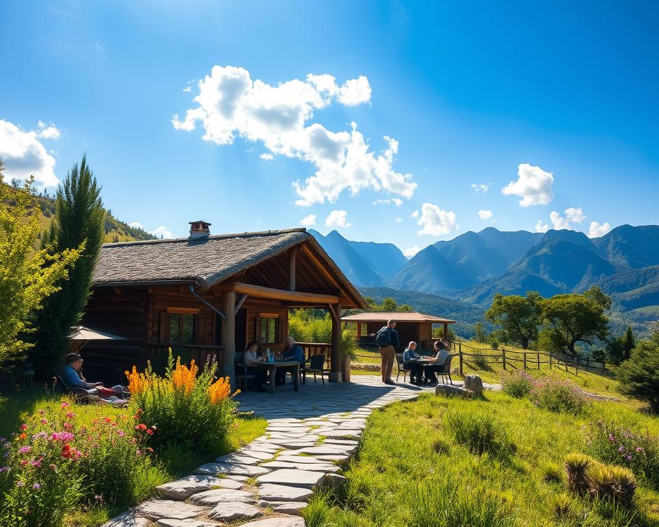 A cozy rustic lodge surrounded by the lush greenery of Sicilian hills, perfect for hikers. In the foreground, a stone pathway leads to the entrance, flanked by colorful wildflowers. The middle ground features the lodge with wooden beams and a thatched roof, inviting and warm. A small outdoor seating area showcases hikers enjoying refreshments, dressed in comfortable, modest hiking attire. In the background, majestic mountains rise against a bright blue sky, with soft, fluffy clouds. The sunlight casts a warm glow over the scene, creating an inviting and serene atmosphere, with a gentle breeze rustling the trees. The composition emphasizes nature's beauty and emphasizes the relaxing environment for weary travelers. A cozy rustic lodge surrounded by the lush greenery of Sicilian hills, perfect for hikers. In the foreground, a stone pathway leads to the entrance, flanked by colorful wildflowers. The middle ground features the lodge with wooden beams and a thatched roof, inviting and warm. A small outdoor seating area showcases hikers enjoying refreshments, dressed in comfortable, modest hiking attire. In the background, majestic mountains rise against a bright blue sky, with soft, fluffy clouds. The sunlight casts a warm glow over the scene, creating an inviting and serene atmosphere, with a gentle breeze rustling the trees. The composition emphasizes nature's beauty and emphasizes the relaxing environment for weary travelers.