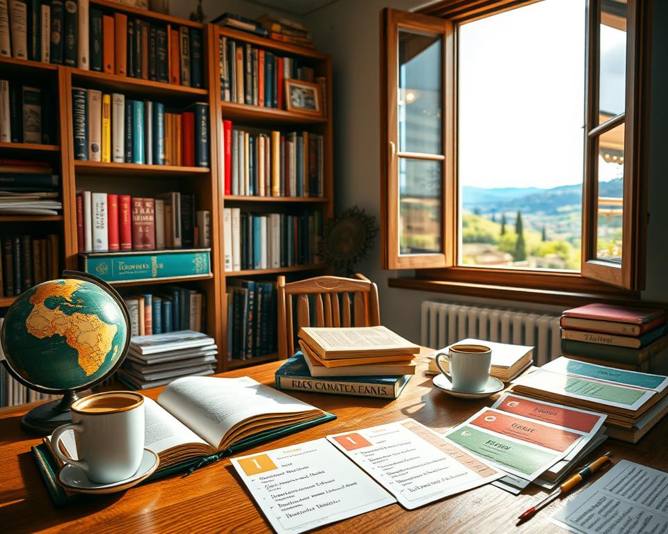 A cozy study room filled with books on Italian language and culture, focused on spaced repetition techniques. In the foreground, a wooden desk with an open notebook and colorful flashcards displaying Italian phrases. A vintage globe and a steaming cup of espresso sit nearby. In the middle, a bookshelf filled with Italian literature and language study guides, softly illuminated by warm lighting. In the background, a window reveals a picturesque Italian village with hills and cypress trees under a bright blue sky. The atmosphere is inviting and scholarly, conveying a sense of enthusiasm for learning languages and deepening cultural understanding. The scene is peaceful, with natural light streaming in, enhancing the sense of focus and serenity in the study. A cozy study room filled with books on Italian language and culture, focused on spaced repetition techniques. In the foreground, a wooden desk with an open notebook and colorful flashcards displaying Italian phrases. A vintage globe and a steaming cup of espresso sit nearby. In the middle, a bookshelf filled with Italian literature and language study guides, softly illuminated by warm lighting. In the background, a window reveals a picturesque Italian village with hills and cypress trees under a bright blue sky. The atmosphere is inviting and scholarly, conveying a sense of enthusiasm for learning languages and deepening cultural understanding. The scene is peaceful, with natural light streaming in, enhancing the sense of focus and serenity in the study.