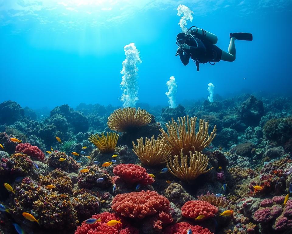 A diver in professional scuba gear explores a vibrant underwater landscape showcasing the rich marine ecology of Italy, focusing on areas around underwater volcanoes. In the foreground, detailed coral reefs teem with colorful fish, illustrating biodiversity. The middle ground features bubbling vents from volcanic activity, surrounded by unique marine plants swaying gently with the current. In the background, rays of sunlight penetrate the surface water, creating a serene, ethereal atmosphere above. The scene is illuminated with natural lighting that enhances the vivid colors of the ocean life. A sense of wonder and responsibility for marine conservation pervades the image, encapsulating the delicate balance of these fragile ecosystems. A diver in professional scuba gear explores a vibrant underwater landscape showcasing the rich marine ecology of Italy, focusing on areas around underwater volcanoes. In the foreground, detailed coral reefs teem with colorful fish, illustrating biodiversity. The middle ground features bubbling vents from volcanic activity, surrounded by unique marine plants swaying gently with the current. In the background, rays of sunlight penetrate the surface water, creating a serene, ethereal atmosphere above. The scene is illuminated with natural lighting that enhances the vivid colors of the ocean life. A sense of wonder and responsibility for marine conservation pervades the image, encapsulating the delicate balance of these fragile ecosystems.