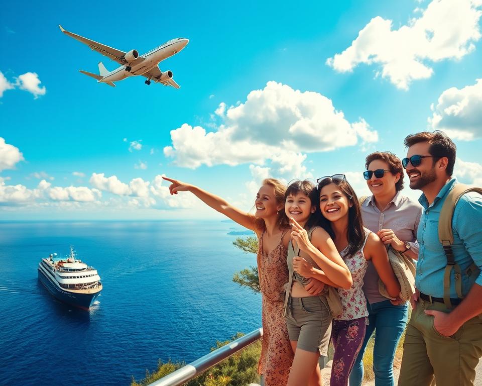 A family embarking on their journey to Sicily, showcasing three modes of travel: an airplane soaring above the sparkling Mediterranean Sea in the foreground; a ferry gliding smoothly along the coast in the middle; and a scenic road winding through lush hills leading to a distant Sicilian village in the background. The sky above is bright blue with fluffy white clouds, casting soft sunlight on the vibrant landscape. Children of diverse backgrounds are excitedly pointing towards the ferry, while adults share a joyful moment. The atmosphere is lively and adventurous, capturing a sense of anticipation and family bonding. Use a wide-angle lens to encapsulate the expansive scene, with a warm, inviting tone that encourages exploration and happiness.