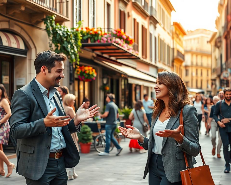 A lively street scene in an Italian town, bustling with people engaged in everyday activities. In the foreground, two individuals—one wearing a smart casual outfit and the other in a professional attire—are animatedly discussing common Italian idioms, with gestures that express their enthusiasm. In the middle ground, a vibrant café setting is visible, with colorful flowers and traditional Italian architecture, conveying a warm and inviting atmosphere. The background showcases historic buildings under soft golden sunlight, evoking a relaxed yet culturally rich environment. Capture the essence of Italian language and culture, highlighting the natural interactions and expressions of the characters, with a focus on creating a friendly and engaging mood. Use a warm color palette to enhance the inviting feel of the scene. A lively street scene in an Italian town, bustling with people engaged in everyday activities. In the foreground, two individuals—one wearing a smart casual outfit and the other in a professional attire—are animatedly discussing common Italian idioms, with gestures that express their enthusiasm. In the middle ground, a vibrant café setting is visible, with colorful flowers and traditional Italian architecture, conveying a warm and inviting atmosphere. The background showcases historic buildings under soft golden sunlight, evoking a relaxed yet culturally rich environment. Capture the essence of Italian language and culture, highlighting the natural interactions and expressions of the characters, with a focus on creating a friendly and engaging mood. Use a warm color palette to enhance the inviting feel of the scene.