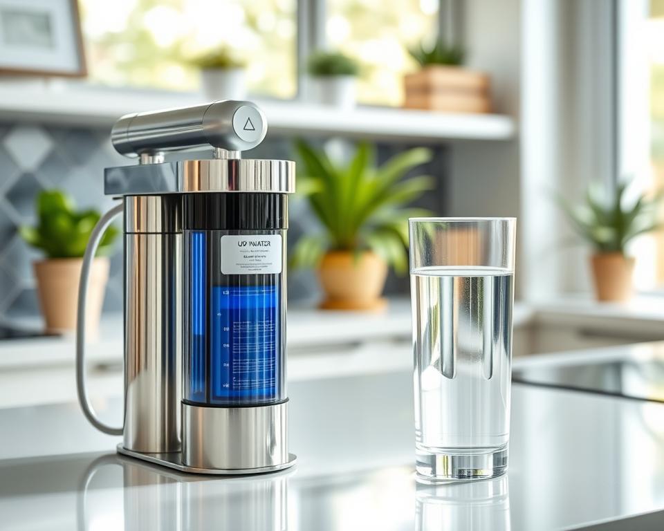 A modern kitchen countertop with a sleek water filtration system prominently displayed in the foreground. The system features a multi-stage filter including activated carbon, microfiltration, and UV light components, all in a polished metallic finish. In the middle ground, a glass pitcher filled with crystal-clear, filtered water sits beside a tall glass, highlighting the purity of the water. The background features a sunlit kitchen with green plants and neutral colors, conveying a clean and fresh atmosphere. The lighting should be bright and natural, emphasizing the reflections on the water surfaces and the clarity of the filtration system. Aim for a professional and informative mood that underscores the importance of safe drinking water. A modern kitchen countertop with a sleek water filtration system prominently displayed in the foreground. The system features a multi-stage filter including activated carbon, microfiltration, and UV light components, all in a polished metallic finish. In the middle ground, a glass pitcher filled with crystal-clear, filtered water sits beside a tall glass, highlighting the purity of the water. The background features a sunlit kitchen with green plants and neutral colors, conveying a clean and fresh atmosphere. The lighting should be bright and natural, emphasizing the reflections on the water surfaces and the clarity of the filtration system. Aim for a professional and informative mood that underscores the importance of safe drinking water.