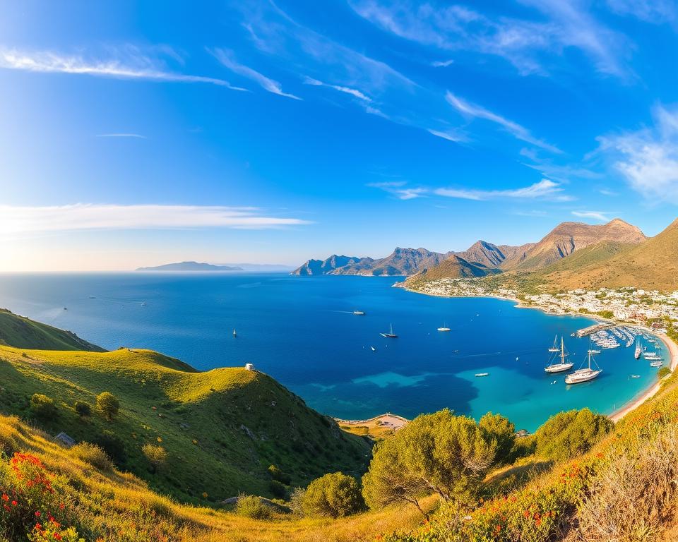 A panoramic view of the Lipari Islands in the Mediterranean, showcasing their stunning landscapes and diverse climate. In the foreground, vibrant green hills roll down to the coastline, dotted with indigenous vegetation such as wildflowers and olive trees. The middle ground features charming coastal villages with whitewashed houses reflecting warm Mediterranean sunlight, while fisherman’s boats gently bob in the crystal-clear turquoise waters. In the background, majestic volcanic mountains rise against a clear blue sky, with wispy clouds adding depth. The scene captures the warm glow of golden hour, emphasizing the serene and inviting atmosphere of the islands. The image is shot with a wide-angle lens, creating a sense of vastness and beauty, perfect for illustrating the unique climate of the Lipari Islands.