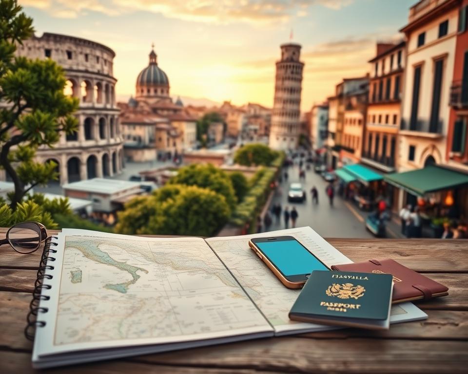 A picturesque Italian cityscape illustrating travel planning for a city trip in Italy. In the foreground, a stylish travel planner with an open map, a smartphone displaying a travel app, and a passport, all set on a rustic wooden table. The middle ground showcases iconic Italian landmarks, such as the Colosseum, Leaning Tower of Pisa, and the canals of Venice, artistically intertwined with vibrant greenery and lively streets adorned with quaint cafés and vibrant market stalls. In the background, soft, warm lighting bathes the scene in a golden hour glow, enhancing the atmosphere of adventure and exploration. The image captures a sense of excitement and anticipation, inviting viewers to embark on their own Italian journey. A picturesque Italian cityscape illustrating travel planning for a city trip in Italy. In the foreground, a stylish travel planner with an open map, a smartphone displaying a travel app, and a passport, all set on a rustic wooden table. The middle ground showcases iconic Italian landmarks, such as the Colosseum, Leaning Tower of Pisa, and the canals of Venice, artistically intertwined with vibrant greenery and lively streets adorned with quaint cafés and vibrant market stalls. In the background, soft, warm lighting bathes the scene in a golden hour glow, enhancing the atmosphere of adventure and exploration. The image captures a sense of excitement and anticipation, inviting viewers to embark on their own Italian journey.