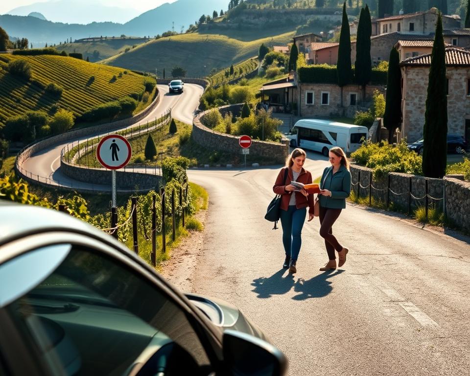 A picturesque Italian landscape featuring a winding rural road bordered by lush green hills and vineyards. In the foreground, a well-maintained car is parked safely, with a visible road sign providing important safety tips. The middle ground highlights a serene, idyllic scene of travelers, dressed in casual but professional attire, reviewing a travel guide together, showcasing collaboration and preparedness. In the background, charming Italian architecture, such as ancient stone buildings and cypress trees, adds authenticity. Soft, golden sunlight bathes the scene, casting gentle shadows and creating a warm, inviting atmosphere. The angle should be slightly elevated, giving an overview that emphasizes both the road and the travelers’ engaged interaction while enhancing the sense of adventure and safety in the journey. A picturesque Italian landscape featuring a winding rural road bordered by lush green hills and vineyards. In the foreground, a well-maintained car is parked safely, with a visible road sign providing important safety tips. The middle ground highlights a serene, idyllic scene of travelers, dressed in casual but professional attire, reviewing a travel guide together, showcasing collaboration and preparedness. In the background, charming Italian architecture, such as ancient stone buildings and cypress trees, adds authenticity. Soft, golden sunlight bathes the scene, casting gentle shadows and creating a warm, inviting atmosphere. The angle should be slightly elevated, giving an overview that emphasizes both the road and the travelers’ engaged interaction while enhancing the sense of adventure and safety in the journey.