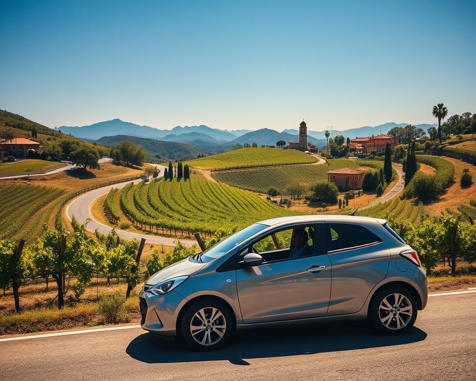 A picturesque Italian landscape showcasing a scenic road winding through vibrant vineyards and rolling hills under a clear blue sky. In the foreground, a sleek rental car, preferably a stylish compact or convertible, parked attractively with its doors slightly open, inviting adventure. The middle ground features lush grapevines and an idyllic farmhouse, embodying the charm of the Italian countryside. The background showcases distant mountains and a quaint village with terracotta rooftops. The scene is illuminated by warm, golden sunlight, casting soft shadows and highlighting the car's sleek lines. The mood exudes a sense of freedom and discovery, perfect for a road trip through Italy’s stunning landscapes. Capture the essence of exploring Italy by car, inspiring wanderlust and excitement. A picturesque Italian landscape showcasing a scenic road winding through vibrant vineyards and rolling hills under a clear blue sky. In the foreground, a sleek rental car, preferably a stylish compact or convertible, parked attractively with its doors slightly open, inviting adventure. The middle ground features lush grapevines and an idyllic farmhouse, embodying the charm of the Italian countryside. The background showcases distant mountains and a quaint village with terracotta rooftops. The scene is illuminated by warm, golden sunlight, casting soft shadows and highlighting the car's sleek lines. The mood exudes a sense of freedom and discovery, perfect for a road trip through Italy’s stunning landscapes. Capture the essence of exploring Italy by car, inspiring wanderlust and excitement.