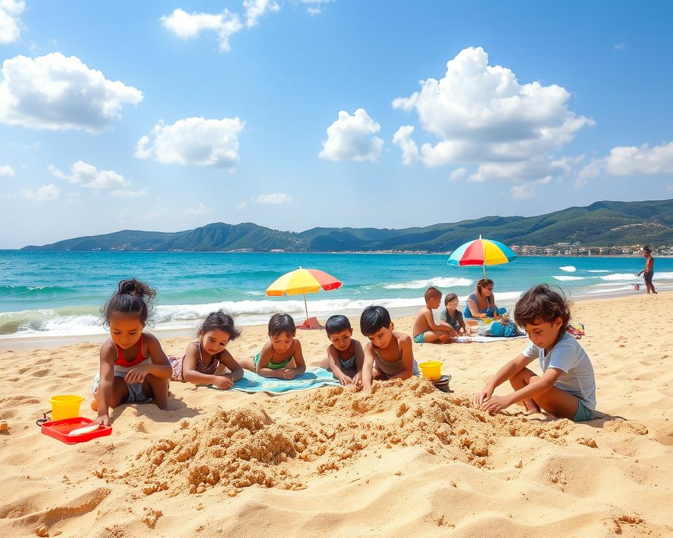 A picturesque Sicilian beach scene perfect for families, featuring soft golden sands and gentle turquoise waves. In the foreground, children of diverse backgrounds joyfully build sandcastles, their modest beach attire colorful and playful. Bright beach toys and a picnic blanket are visible, adding to the cheerful atmosphere. In the middle ground, a vibrant beach umbrella provides shade, while a family enjoys a picnic nearby. The background showcases a stunning coastline dotted with lush green hills and a clear blue sky, dotted with fluffy white clouds. Sunlight filters through, creating a warm and inviting ambiance. Capture this scene from a slightly elevated angle to emphasize the depth and beauty of the beach. The mood should be joyful and carefree, embodying the essence of a family-friendly vacation in Sicily.