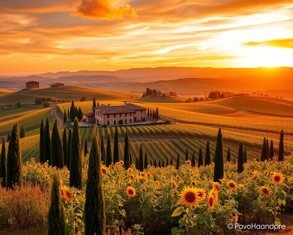 A picturesque Tuscan landscape bathed in the warm glow of golden hour, featuring rolling hills dotted with cypress trees in the foreground. The middle ground highlights a rustic farmhouse with terracotta roof tiles, surrounded by vibrant vineyards and fields of sunflowers swaying gently in the breeze. In the background, softly undulating hills fade into the distance, showcasing a vibrant sunset sky painted with shades of orange, pink, and purple. The overall atmosphere evokes a sense of tranquility and timeless beauty, inviting travelers to explore the cultural richness of this region. The image is captured from a slightly elevated angle, giving a sweeping view of the landscape, with a focus on depth and texture. A picturesque Tuscan landscape bathed in the warm glow of golden hour, featuring rolling hills dotted with cypress trees in the foreground. The middle ground highlights a rustic farmhouse with terracotta roof tiles, surrounded by vibrant vineyards and fields of sunflowers swaying gently in the breeze. In the background, softly undulating hills fade into the distance, showcasing a vibrant sunset sky painted with shades of orange, pink, and purple. The overall atmosphere evokes a sense of tranquility and timeless beauty, inviting travelers to explore the cultural richness of this region. The image is captured from a slightly elevated angle, giving a sweeping view of the landscape, with a focus on depth and texture.