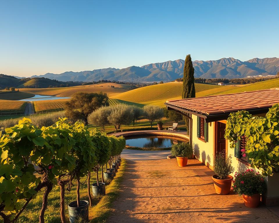 A picturesque agriturismo in Italy, featuring a charming rustic farmhouse surrounded by rolling hills and lush vineyards. In the foreground, vibrant grapevines stretch across the picturesque landscape, with a dirt path leading toward the cozy entrance of the farmhouse adorned with colorful flower pots. In the middle ground, olive trees sway gently in the breeze, and a serene pond reflects the clear blue sky. In the background, majestic mountains rise majestically, completing the idyllic countryside vista. The scene is bathed in warm, golden hour lighting, creating a cozy and inviting atmosphere. The image should capture the tranquility and beauty of the Italian countryside, perfect for inspiring travelers seeking an authentic experience. A picturesque agriturismo in Italy, featuring a charming rustic farmhouse surrounded by rolling hills and lush vineyards. In the foreground, vibrant grapevines stretch across the picturesque landscape, with a dirt path leading toward the cozy entrance of the farmhouse adorned with colorful flower pots. In the middle ground, olive trees sway gently in the breeze, and a serene pond reflects the clear blue sky. In the background, majestic mountains rise majestically, completing the idyllic countryside vista. The scene is bathed in warm, golden hour lighting, creating a cozy and inviting atmosphere. The image should capture the tranquility and beauty of the Italian countryside, perfect for inspiring travelers seeking an authentic experience.
