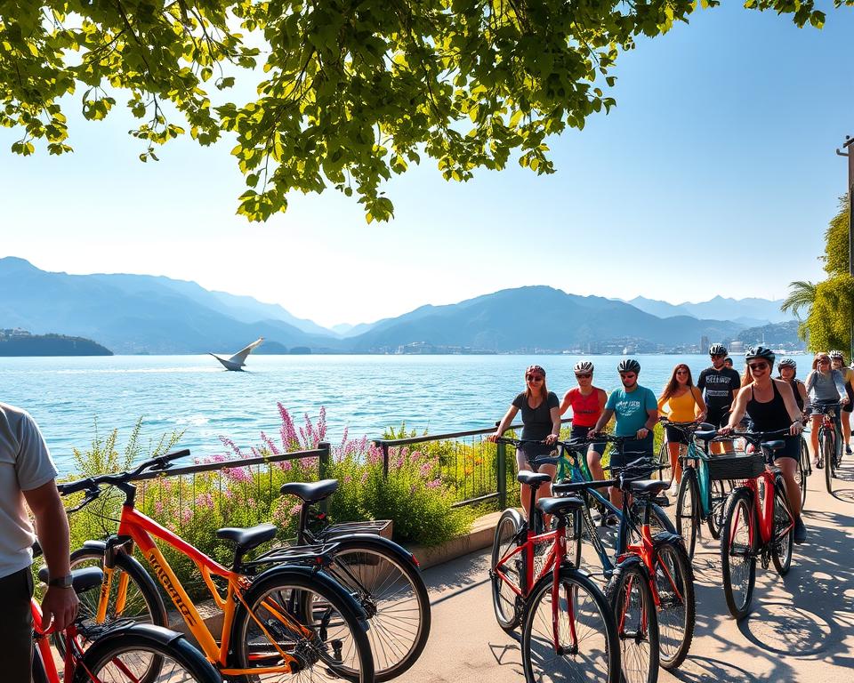 A picturesque bicycle rental station by the sparkling waters of Lake Garda. In the foreground, a friendly staff member in casual attire stands beside a line of colorful bicycles ready for rent, showcasing various bike models. The middle ground captures a lively group of cyclists, wearing helmets and casual cycling outfits, enjoying a guided tour along a scenic lakeside path filled with lush greenery and blooming flowers. In the background, the stunning views of the lake are framed by majestic mountains and a clear blue sky, illuminated by warm, golden sunlight, creating an inviting and adventurous atmosphere. The angle is slightly elevated, providing a wide perspective that encapsulates the beauty of the location and activity. A picturesque bicycle rental station by the sparkling waters of Lake Garda. In the foreground, a friendly staff member in casual attire stands beside a line of colorful bicycles ready for rent, showcasing various bike models. The middle ground captures a lively group of cyclists, wearing helmets and casual cycling outfits, enjoying a guided tour along a scenic lakeside path filled with lush greenery and blooming flowers. In the background, the stunning views of the lake are framed by majestic mountains and a clear blue sky, illuminated by warm, golden sunlight, creating an inviting and adventurous atmosphere. The angle is slightly elevated, providing a wide perspective that encapsulates the beauty of the location and activity.