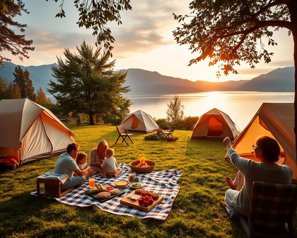 A picturesque camping scene at Lake Garda, showcasing a serene campsite with cozy tents set on green grass. In the foreground, a family is enjoying a picnic, with items like sandwiches and fruits displayed on a checkered blanket. The middle ground features tents surrounded by lush trees and colorful flowers, while a nearby campfire crackles softly, casting a warm glow. In the background, the breathtaking mountains and the shimmering lake reflect the golden hues of the sunset, creating a tranquil atmosphere. Soft, diffused lighting enhances the scene, using a wide-angle lens perspective to capture the beauty of nature. The overall mood is inviting and peaceful, perfect for a camping holiday.