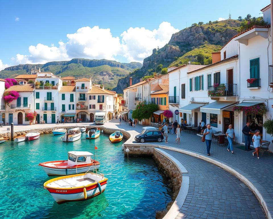 A picturesque coastal town in Gargano, Italy, showcasing charming white-washed buildings with vibrant flowers draping from balconies. The foreground features a lively marina with colorful fishing boats bobbing gently on clear turquoise waters. In the middle ground, cobblestone streets are bustling with residents in modest casual clothing, engaging in friendly conversation, while quaint cafes with outdoor seating line the streets. The background displays dramatic cliffs and lush greenery meeting the horizon under a bright, sunny sky, with fluffy clouds casting soft shadows. The mood is warm and inviting, evoking a sense of tranquility and charm. The image should have bright, natural lighting, with a slight depth of field to emphasize the foreground while keeping the background in focus, capturing the essence of a perfect day in Gargano. A picturesque coastal town in Gargano, Italy, showcasing charming white-washed buildings with vibrant flowers draping from balconies. The foreground features a lively marina with colorful fishing boats bobbing gently on clear turquoise waters. In the middle ground, cobblestone streets are bustling with residents in modest casual clothing, engaging in friendly conversation, while quaint cafes with outdoor seating line the streets. The background displays dramatic cliffs and lush greenery meeting the horizon under a bright, sunny sky, with fluffy clouds casting soft shadows. The mood is warm and inviting, evoking a sense of tranquility and charm. The image should have bright, natural lighting, with a slight depth of field to emphasize the foreground while keeping the background in focus, capturing the essence of a perfect day in Gargano.