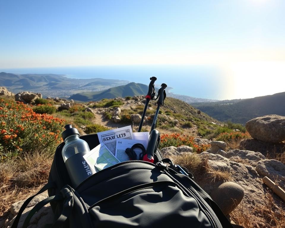 A picturesque hiking scene in Sicily, showcasing a well-organized packing list for outdoor adventures. In the foreground, a sturdy backpack lies open, revealing essential hiking gear such as a water bottle, a map, trekking poles, and hiking boots. In the middle ground, a scenic trail is visible, winding through vibrant Mediterranean flora, with rocky terrain and distant views of rolling hills. The background features the stunning Sicilian coastline and a clear blue sky casting warm sunlight over the landscape. The atmosphere is inviting and adventurous, perfect for inspiring outdoor enthusiasts. Use soft, natural lighting to highlight the textures of the gear and the landscape, captured with a wide-angle lens to emphasize the vastness of the scenery. A picturesque hiking scene in Sicily, showcasing a well-organized packing list for outdoor adventures. In the foreground, a sturdy backpack lies open, revealing essential hiking gear such as a water bottle, a map, trekking poles, and hiking boots. In the middle ground, a scenic trail is visible, winding through vibrant Mediterranean flora, with rocky terrain and distant views of rolling hills. The background features the stunning Sicilian coastline and a clear blue sky casting warm sunlight over the landscape. The atmosphere is inviting and adventurous, perfect for inspiring outdoor enthusiasts. Use soft, natural lighting to highlight the textures of the gear and the landscape, captured with a wide-angle lens to emphasize the vastness of the scenery.