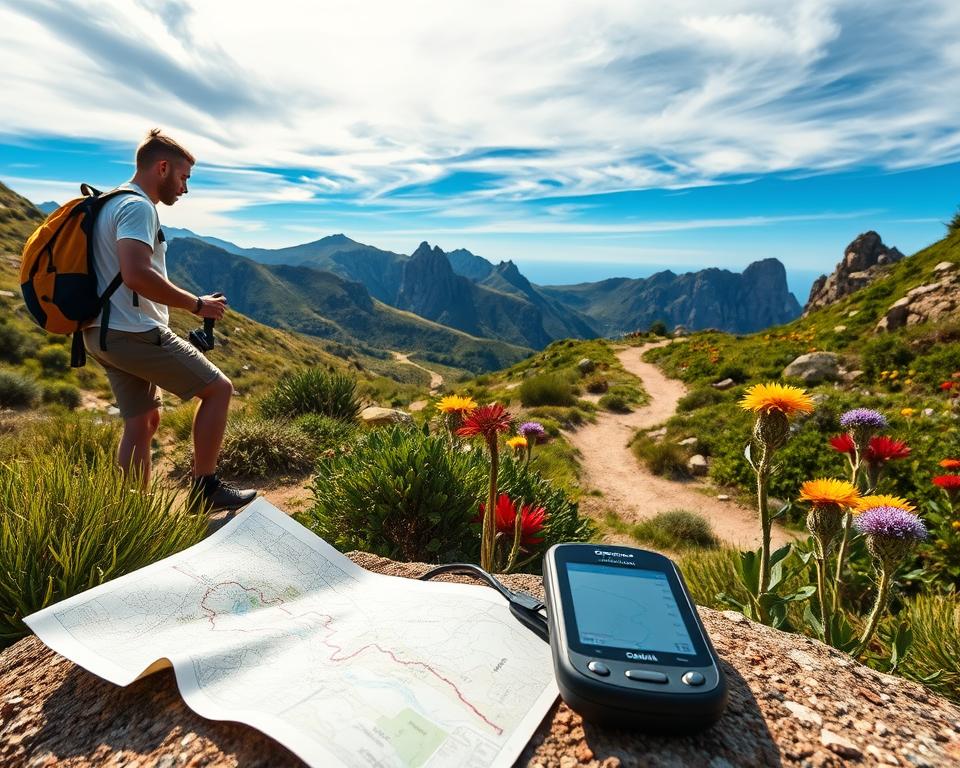 A picturesque hiking scene in Sicily, showcasing a winding trail through rugged mountains and vibrant wildflowers. In the foreground, a GPS device lies on a rock, with a clear map displaying hiking routes and waypoints next to it. To the left, a hiker in modest casual clothing thoughtfully studies the map. The middle ground features lush green vegetation, punctuated by colorful blooming plants typical of the Sicilian landscape. In the background, rolling hills tussle with jagged cliffs against a stunning azure sky, scattered with wispy clouds. Soft, golden sunlight bathes the scene, creating a warm and inviting atmosphere. The angle is slightly elevated to capture the vastness of the terrain, emphasizing adventure and exploration. A picturesque hiking scene in Sicily, showcasing a winding trail through rugged mountains and vibrant wildflowers. In the foreground, a GPS device lies on a rock, with a clear map displaying hiking routes and waypoints next to it. To the left, a hiker in modest casual clothing thoughtfully studies the map. The middle ground features lush green vegetation, punctuated by colorful blooming plants typical of the Sicilian landscape. In the background, rolling hills tussle with jagged cliffs against a stunning azure sky, scattered with wispy clouds. Soft, golden sunlight bathes the scene, creating a warm and inviting atmosphere. The angle is slightly elevated to capture the vastness of the terrain, emphasizing adventure and exploration.