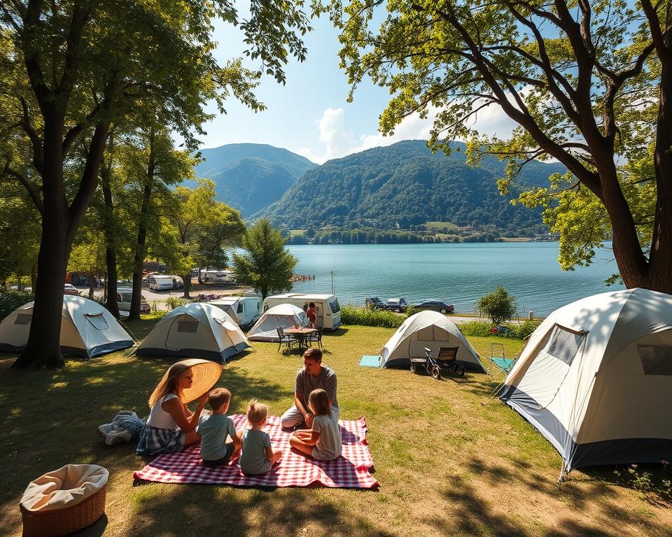 A picturesque lakeside camping area at Lake Garda, showcasing tents and campers nestled among lush green trees. In the foreground, a family is enjoying a picnic on a checkered blanket, dressed in casual, modest clothing. The middle ground features several camping tents and a glistening lake, reflecting the beautiful summer sky. In the background, gentle hills rise, covered in vibrant vegetation and dotted with wildflowers. The sunlight filters through the trees, creating a warm, inviting atmosphere. Capture the essence of relaxation and natural beauty with a focus on tranquility and recreation. Use a wide-angle lens to emphasize the vastness of the landscape, highlighting the harmony between the campsite and the serene lake.