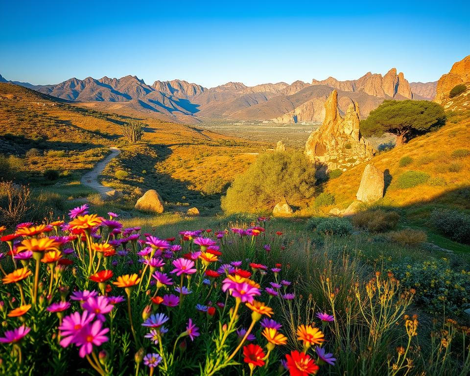 A picturesque landscape of Sicily during the optimal hiking season, showcasing vibrant wildflowers in the foreground. The middle ground features rugged, sunlit trails winding through rolling hills and lush greenery, dotted with ancient olive trees and unique rock formations. In the background, majestic mountains rise against a clear blue sky, with soft, golden sunlight illuminating the scene, casting long shadows. Capture an inviting atmosphere, filled with tranquility and a sense of adventure. The composition should feel dynamic, with a slight aerial perspective, simulating the experience of exploring Sicily's breathtaking natural beauty. Ensure the image is devoid of any text, captions, or watermarks, focusing solely on the enchanting wilderness ideal for hiking. A picturesque landscape of Sicily during the optimal hiking season, showcasing vibrant wildflowers in the foreground. The middle ground features rugged, sunlit trails winding through rolling hills and lush greenery, dotted with ancient olive trees and unique rock formations. In the background, majestic mountains rise against a clear blue sky, with soft, golden sunlight illuminating the scene, casting long shadows. Capture an inviting atmosphere, filled with tranquility and a sense of adventure. The composition should feel dynamic, with a slight aerial perspective, simulating the experience of exploring Sicily's breathtaking natural beauty. Ensure the image is devoid of any text, captions, or watermarks, focusing solely on the enchanting wilderness ideal for hiking.