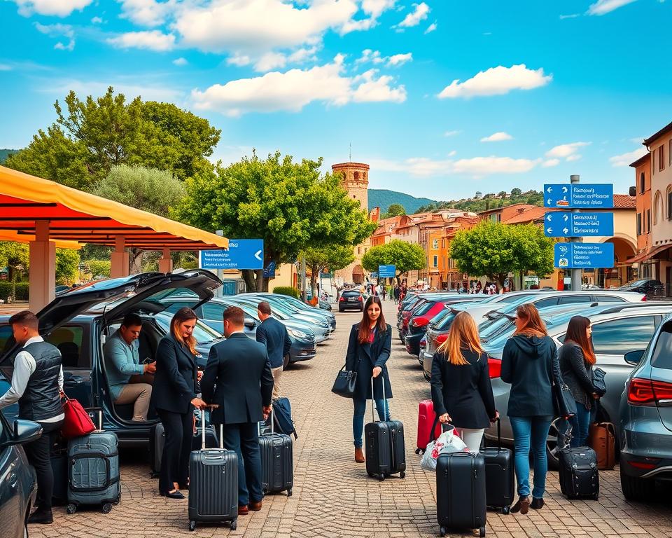 A picturesque park and ride facility in Italy, bustling with travelers and vehicles. In the foreground, a diverse group of people in professional business attire and modest casual clothing are loading luggage into their cars and checking maps. The middle ground features neatly parked vehicles under colorful canopies, with signs indicating directions to nearby cities. In the background, charming Italian architecture showcases cobblestone streets, green trees, and blue skies. Warm, natural lighting enhances the inviting atmosphere, while a wide-angle perspective captures the essence of convenience and mobility. The scene evokes a sense of excitement and readiness for exploration in a beautiful Italian landscape.