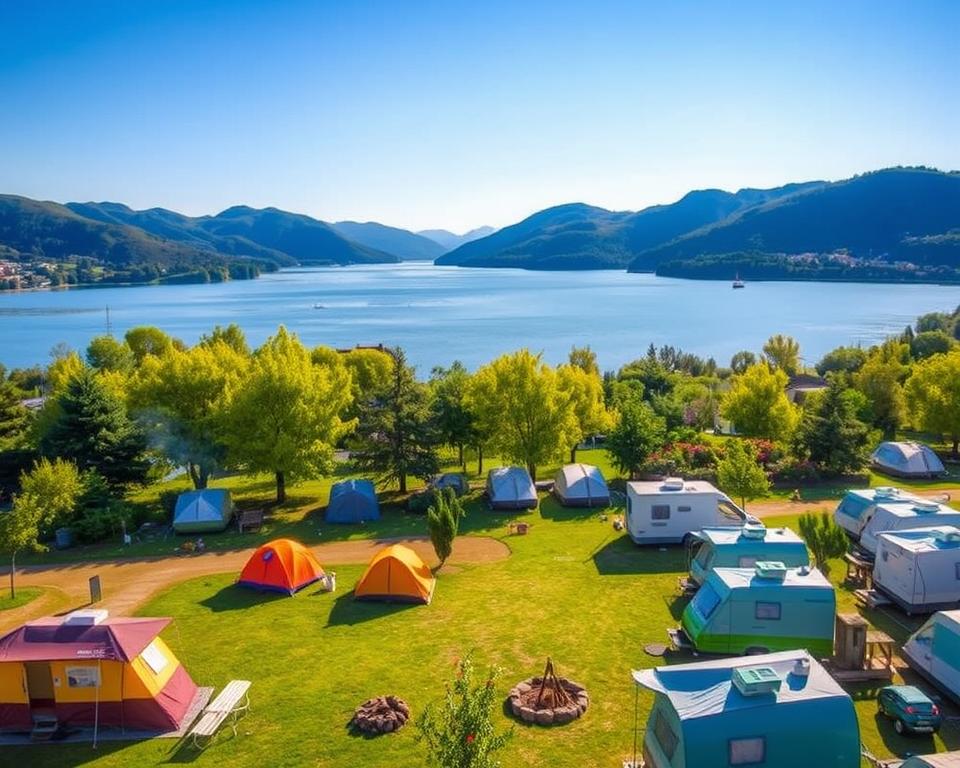A picturesque scene at Stellplatz Gardasee, showcasing a serene lakeside camping area. In the foreground, a cozy campsite with spacious, well-maintained camping pitches featuring colorful tents and welcoming campfires. The middle ground reveals a tranquil lake reflecting the bright blue sky and distant green hills, with a few small boats gently bobbing on the water. The background showcases rolling hills adorned with lush trees and vibrant wildflowers, creating a sense of natural beauty. Soft afternoon sunlight bathes the scene, casting warm golden rays and creating gentle shadows. The atmosphere is peaceful and inviting, perfect for nature lovers seeking a relaxing getaway by the water.