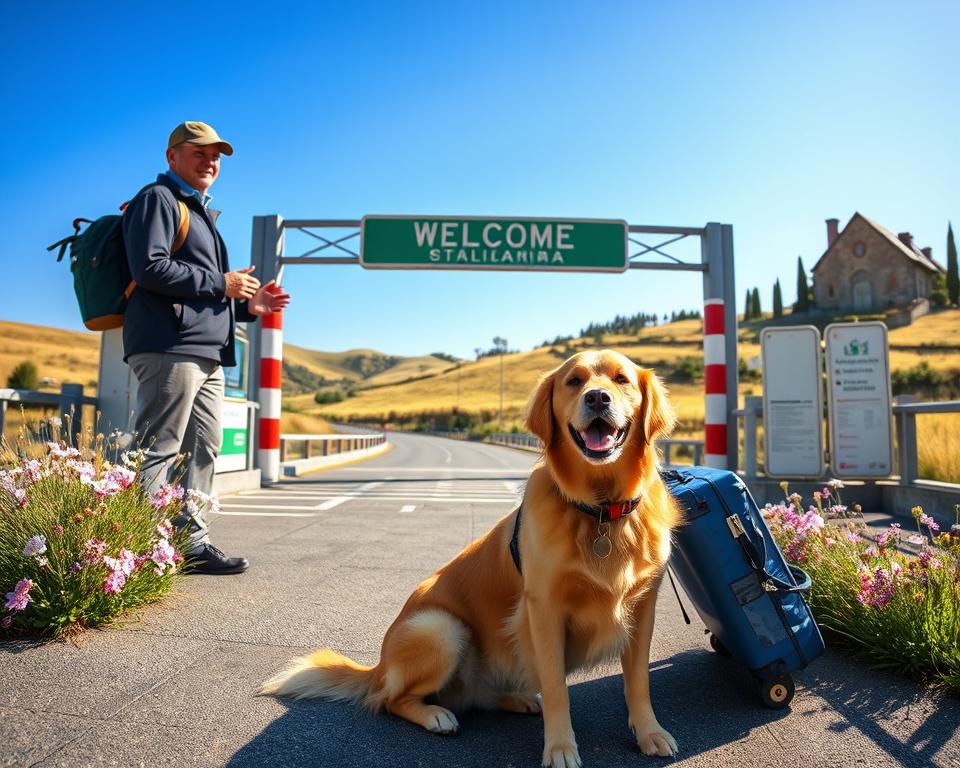 A picturesque scene at a sunny Italian border checkpoint, showcasing a friendly dog entering Italy from Germany. In the foreground, a well-groomed Golden Retriever sits obediently next to a relaxed owner, clad in casual attire, smiling at an official in a uniform. The middle ground features a welcoming Italian border sign with vibrant colors, adorned with beautiful wildflowers on either side. The background displays classic Italian landscapes, including rolling hills and cypress trees under a bright blue sky. Soft sunlight bathes the scene, enhancing the cheerful mood of travel and adventure. Use a wide-angle lens effect to capture the openness of the surroundings, emphasizing the sense of freedom associated with travel with pets. A picturesque scene at a sunny Italian border checkpoint, showcasing a friendly dog entering Italy from Germany. In the foreground, a well-groomed Golden Retriever sits obediently next to a relaxed owner, clad in casual attire, smiling at an official in a uniform. The middle ground features a welcoming Italian border sign with vibrant colors, adorned with beautiful wildflowers on either side. The background displays classic Italian landscapes, including rolling hills and cypress trees under a bright blue sky. Soft sunlight bathes the scene, enhancing the cheerful mood of travel and adventure. Use a wide-angle lens effect to capture the openness of the surroundings, emphasizing the sense of freedom associated with travel with pets.
