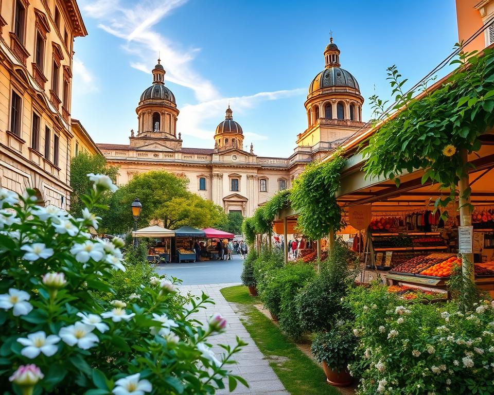A picturesque scene capturing the essence of Padua, Italy, showcasing its rich architecture and serene atmosphere. In the foreground, lush greenery and blooming flowers frame a tranquil pathway leading to a historic building with ornate details—the Palazzo della Ragione—symbolizing Padua's cultural heritage. In the middle ground, vibrant market stalls display fresh produce and local crafts, emphasizing the lively spirit of the city. The background features the iconic Basilica di Sant'Antonio, with its distinctive domes reaching towards a clear blue sky, enhanced by soft golden sunlight casting gentle shadows. The mood is inviting and peaceful, perfect for exploration and relaxation, reminiscent of a charming Italian getaway. The scene is captured with a wide-angle lens, emphasizing depth and perspective, invoking a sense of wanderlust and tranquility. A picturesque scene capturing the essence of Padua, Italy, showcasing its rich architecture and serene atmosphere. In the foreground, lush greenery and blooming flowers frame a tranquil pathway leading to a historic building with ornate details—the Palazzo della Ragione—symbolizing Padua's cultural heritage. In the middle ground, vibrant market stalls display fresh produce and local crafts, emphasizing the lively spirit of the city. The background features the iconic Basilica di Sant'Antonio, with its distinctive domes reaching towards a clear blue sky, enhanced by soft golden sunlight casting gentle shadows. The mood is inviting and peaceful, perfect for exploration and relaxation, reminiscent of a charming Italian getaway. The scene is captured with a wide-angle lens, emphasizing depth and perspective, invoking a sense of wanderlust and tranquility.