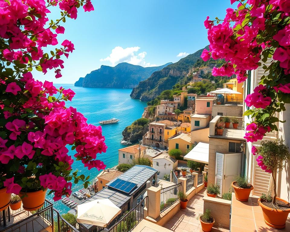 A picturesque scene capturing the essence of Southern Italy, showcasing a charming coastal village along the Amalfi Coast. In the foreground, vibrant bougainvillea drapes over a quaint terrace adorned with terracotta pots. In the middle ground, winding streets lined with historic stone buildings lead to the sparkling blue Mediterranean Sea, where boats gently bob on the waves. Dramatically, cliffs rise behind the village, topped with lush greenery. The background features a bright, sunlit sky with a few soft, fluffy clouds. The atmosphere is warm and inviting, reflecting a leisurely afternoon. Use natural daylight to illuminate the scene, ensuring a vivid color palette that highlights the blues and greens of the landscape. A wide-angle lens should capture the expansive beauty and charm of this idyllic location, creating a sense of adventure and tranquility for the viewer. A picturesque scene capturing the essence of Southern Italy, showcasing a charming coastal village along the Amalfi Coast. In the foreground, vibrant bougainvillea drapes over a quaint terrace adorned with terracotta pots. In the middle ground, winding streets lined with historic stone buildings lead to the sparkling blue Mediterranean Sea, where boats gently bob on the waves. Dramatically, cliffs rise behind the village, topped with lush greenery. The background features a bright, sunlit sky with a few soft, fluffy clouds. The atmosphere is warm and inviting, reflecting a leisurely afternoon. Use natural daylight to illuminate the scene, ensuring a vivid color palette that highlights the blues and greens of the landscape. A wide-angle lens should capture the expansive beauty and charm of this idyllic location, creating a sense of adventure and tranquility for the viewer.