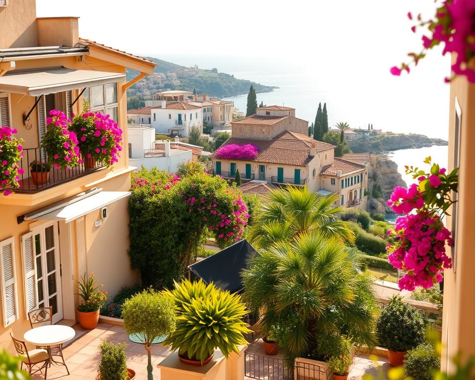 A picturesque scene depicting various accommodation options in Otranto, Italy. In the foreground, showcase a charming bed and breakfast with flower-filled balconies and inviting outdoor seating, bathed in warm sunlight. In the middle ground, capture a traditional Mediterranean villa surrounded by lush greenery and blooming bougainvillea, suggesting a relaxed atmosphere. In the background, include a stunning view of Otranto's historic coastline with ancient stone buildings and the sparkling blue sea. The overall mood is welcoming and tranquil, reflecting the diverse lodging available for every taste and budget. Use soft, golden lighting to enhance the inviting feel, and apply a slightly blurred focus to give the impression of a warm summer day, making the scene feel alive and vibrant.