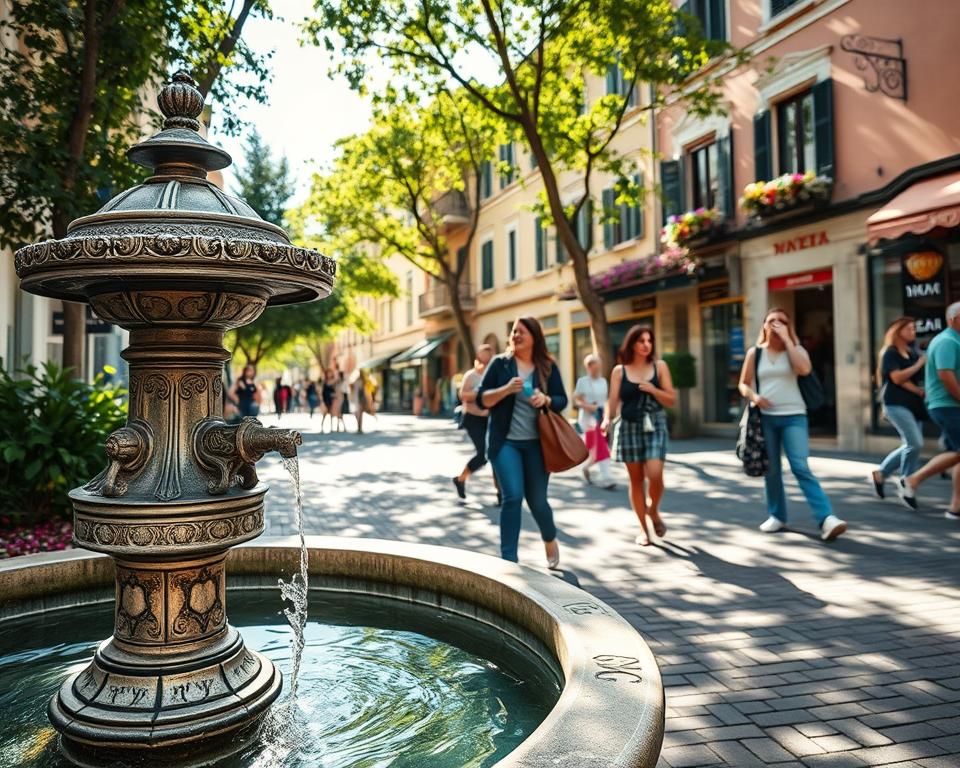 A picturesque scene featuring an ornate public drinking fountain, known as a "Nasoni," located on a cobblestone street in a charming Italian town. In the foreground, the fountain elegantly flows with clear, refreshing water, surrounded by lush greenery and vibrant flowers. In the middle ground, pedestrians casually fill their reusable water bottles, enjoying the warm sunlight filtering through the leaves, creating dappled light patterns on the ground. The background reveals traditional Italian architecture, with colorful buildings and hanging flower boxes adding to the lively atmosphere. Capture this moment with soft, warm lighting, an inviting atmosphere, and a focus on the details of the fountain's intricate design. The angle should highlight both the fountain and the engaged community, emphasizing the importance of public drinking water access. A picturesque scene featuring an ornate public drinking fountain, known as a "Nasoni," located on a cobblestone street in a charming Italian town. In the foreground, the fountain elegantly flows with clear, refreshing water, surrounded by lush greenery and vibrant flowers. In the middle ground, pedestrians casually fill their reusable water bottles, enjoying the warm sunlight filtering through the leaves, creating dappled light patterns on the ground. The background reveals traditional Italian architecture, with colorful buildings and hanging flower boxes adding to the lively atmosphere. Capture this moment with soft, warm lighting, an inviting atmosphere, and a focus on the details of the fountain's intricate design. The angle should highlight both the fountain and the engaged community, emphasizing the importance of public drinking water access.