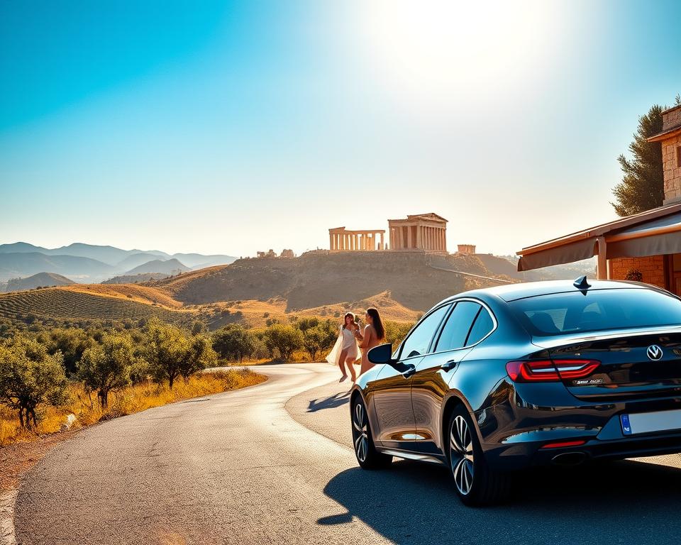 A picturesque scene illustrating the journey to Agrigento, Sicily. In the foreground, a sleek modern car is parked beside a quaint roadside café, inviting travelers to stop and enjoy local delicacies. The middle ground features lush rolling hills dotted with olive trees and vineyards, leading towards the distant silhouette of the magnificent Valley of the Temples framed against a clear blue sky. In the background, soft golden sunlight bathes the ancient ruins in a warm glow, enhancing their grandeur. Capture this scene with a warm, inviting atmosphere, using a slightly elevated angle to convey the beauty of the journey. Ensure the colors are vibrant and lively, evoking a sense of adventure and anticipation about discovering the treasures of Agrigento. A picturesque scene illustrating the journey to Agrigento, Sicily. In the foreground, a sleek modern car is parked beside a quaint roadside café, inviting travelers to stop and enjoy local delicacies. The middle ground features lush rolling hills dotted with olive trees and vineyards, leading towards the distant silhouette of the magnificent Valley of the Temples framed against a clear blue sky. In the background, soft golden sunlight bathes the ancient ruins in a warm glow, enhancing their grandeur. Capture this scene with a warm, inviting atmosphere, using a slightly elevated angle to convey the beauty of the journey. Ensure the colors are vibrant and lively, evoking a sense of adventure and anticipation about discovering the treasures of Agrigento.