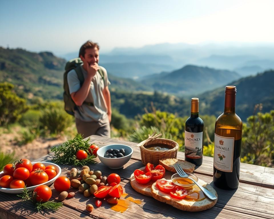 A picturesque scene of a hiker enjoying a leisurely break on a Sicilian trail, surrounded by lush greenery and rolling hills. In the foreground, a wooden picnic table is adorned with a spread of Sicilian specialties: vibrant, fresh tomatoes, olives, a traditional caponata, and slices of artisan bread drizzled with olive oil. A bottle of local red wine sits nearby, catching the soft, golden sunlight. In the middle ground, the hiker, dressed in modest outdoor attire, takes a sip of water from a mountain spring, looking content and relaxed. In the background, the breathtaking Sicilian landscape unfolds, featuring distant mountains and a clear blue sky. The atmosphere is warm and inviting, perfect for a hiking adventure that embraces the beauty and flavors of Sicily. A picturesque scene of a hiker enjoying a leisurely break on a Sicilian trail, surrounded by lush greenery and rolling hills. In the foreground, a wooden picnic table is adorned with a spread of Sicilian specialties: vibrant, fresh tomatoes, olives, a traditional caponata, and slices of artisan bread drizzled with olive oil. A bottle of local red wine sits nearby, catching the soft, golden sunlight. In the middle ground, the hiker, dressed in modest outdoor attire, takes a sip of water from a mountain spring, looking content and relaxed. In the background, the breathtaking Sicilian landscape unfolds, featuring distant mountains and a clear blue sky. The atmosphere is warm and inviting, perfect for a hiking adventure that embraces the beauty and flavors of Sicily.