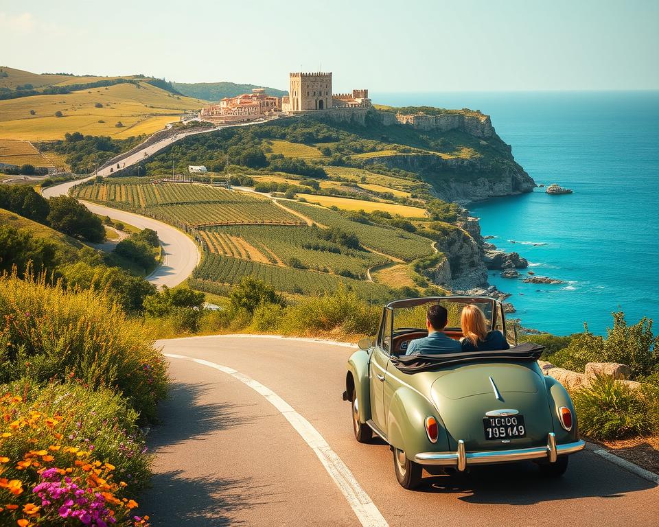 A picturesque scene of a journey to Otranto, Italy, showcasing a winding coastal road with lush greenery and vibrant wildflowers. In the foreground, a charming vintage car drives along the road, with a couple in professional casual attire enjoying the view. The middle ground features rolling hills and vineyards leading down to the sparkling turquoise waters of the Adriatic Sea. In the background, the ancient town of Otranto is visible, with its historic architecture and the iconic Aragonese Castle perched on the cliffs. The image is bathed in warm golden sunlight during a late afternoon, casting soft shadows and creating a serene, inviting atmosphere. The composition is captured with a wide-angle lens, emphasizing the beauty of the landscape and the harmonious blend of nature and history.