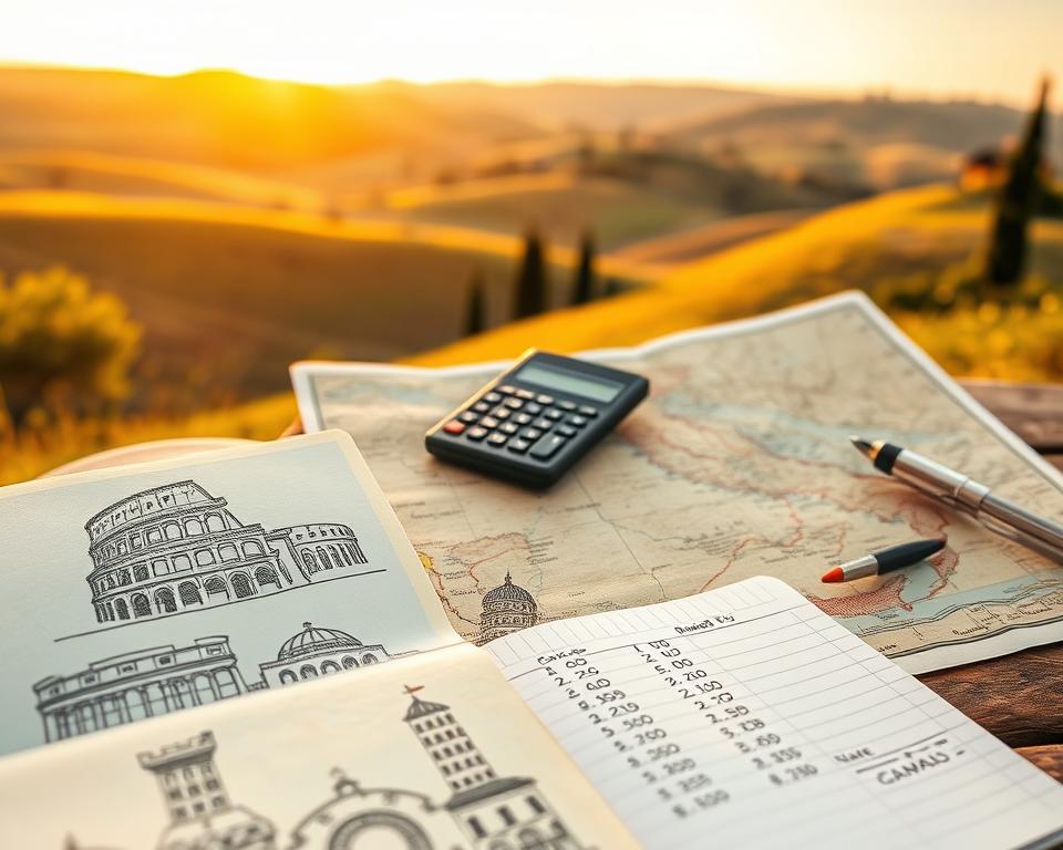 A picturesque scene of a travel budget plan for an Italian road trip. In the foreground, a beautifully arranged travel notebook with sketches of famous Italian landmarks like the Colosseum and Leaning Tower of Pisa, accompanied by neatly written budget notes and calculations. In the middle ground, there's a vintage map of Italy with highlighted road routes, and a stylish calculator resting on top. The background features lush rolling hills of Tuscany under a soft, golden sunset, giving a warm and inviting atmosphere. Natural lighting enhances the colors, creating a cheerful, adventurous mood. The scene is captured from a slightly elevated angle, adding depth and inviting viewers into the planning process. A picturesque scene of a travel budget plan for an Italian road trip. In the foreground, a beautifully arranged travel notebook with sketches of famous Italian landmarks like the Colosseum and Leaning Tower of Pisa, accompanied by neatly written budget notes and calculations. In the middle ground, there's a vintage map of Italy with highlighted road routes, and a stylish calculator resting on top. The background features lush rolling hills of Tuscany under a soft, golden sunset, giving a warm and inviting atmosphere. Natural lighting enhances the colors, creating a cheerful, adventurous mood. The scene is captured from a slightly elevated angle, adding depth and inviting viewers into the planning process.