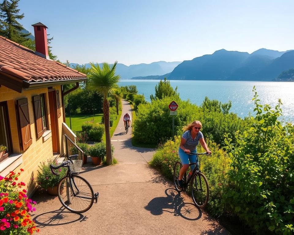 A picturesque scene of cyclist-friendly accommodations near Lake Garda, Italy. In the foreground, a cozy, charming guesthouse with a rustic facade, surrounded by colorful flowers and a small bike rack. In the middle ground, a well-marked cycling path winds through lush greenery, with cyclists dressed in casual, modest clothing enjoying their ride. The background features the sparkling blue waters of Lake Garda under a clear, sunny sky, with the majestic Italian mountains rising in the distance. The lighting is warm and inviting, evoking a cheerful, vibrant atmosphere, captured with a wide-angle lens to emphasize both the accommodations and the scenic beauty of the area. A picturesque scene of cyclist-friendly accommodations near Lake Garda, Italy. In the foreground, a cozy, charming guesthouse with a rustic facade, surrounded by colorful flowers and a small bike rack. In the middle ground, a well-marked cycling path winds through lush greenery, with cyclists dressed in casual, modest clothing enjoying their ride. The background features the sparkling blue waters of Lake Garda under a clear, sunny sky, with the majestic Italian mountains rising in the distance. The lighting is warm and inviting, evoking a cheerful, vibrant atmosphere, captured with a wide-angle lens to emphasize both the accommodations and the scenic beauty of the area.