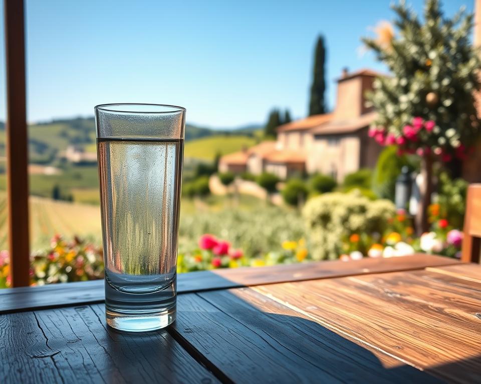 A picturesque scene of drinking tap water in Northern Italy, featuring a clear glass of water on a rustic wooden table in the foreground, reflecting the soft sunlight. In the middle ground, showcase a scenic view of the lush, green Italian countryside with rolling hills and vineyards, under a bright blue sky. In the background, incorporate charming Italian architecture, like traditional stone houses, surrounded by vibrant flowers and olive trees. The atmosphere should evoke a sense of peace and refreshment, highlighting the importance of local tap water. Use a warm, natural lighting effect to enhance the colors and create an inviting mood, with a slight vignette for focus. Ensure the image remains free from any text or overlays. A picturesque scene of drinking tap water in Northern Italy, featuring a clear glass of water on a rustic wooden table in the foreground, reflecting the soft sunlight. In the middle ground, showcase a scenic view of the lush, green Italian countryside with rolling hills and vineyards, under a bright blue sky. In the background, incorporate charming Italian architecture, like traditional stone houses, surrounded by vibrant flowers and olive trees. The atmosphere should evoke a sense of peace and refreshment, highlighting the importance of local tap water. Use a warm, natural lighting effect to enhance the colors and create an inviting mood, with a slight vignette for focus. Ensure the image remains free from any text or overlays.