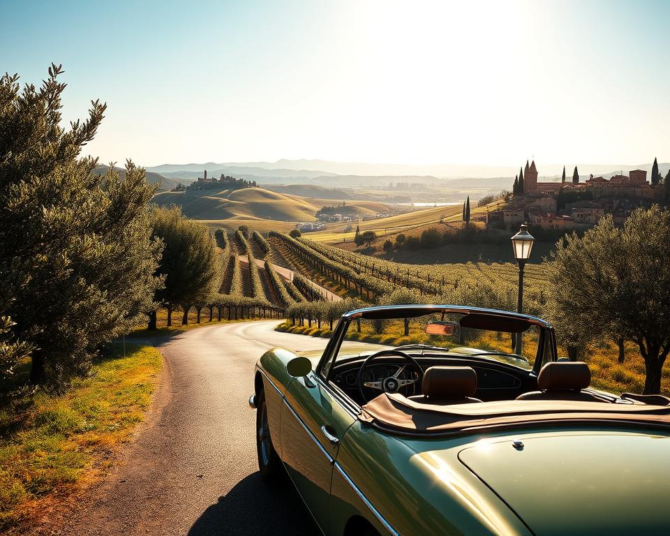 A picturesque scene showcasing the essence of Italy during the ideal travel season. In the foreground, a classic convertible car parked on a winding road, surrounded by lush olive groves and vibrant vineyards, reflecting the Italian countryside in its fullness. In the middle ground, rolling hills stretch into the distance, dotted with charming rustic villas and cypress trees under a bright, blue sky. The background features the iconic silhouette of ancient cities—perhaps Florence or Siena—bathed in the warm golden light of sunset. The atmosphere is inviting and serene, evoking a sense of adventure and warmth as if inviting travelers to explore. The image captures the romantic essence of a road trip through Italy, with the sun casting soft shadows and enhancing the idyllic landscape. A picturesque scene showcasing the essence of Italy during the ideal travel season. In the foreground, a classic convertible car parked on a winding road, surrounded by lush olive groves and vibrant vineyards, reflecting the Italian countryside in its fullness. In the middle ground, rolling hills stretch into the distance, dotted with charming rustic villas and cypress trees under a bright, blue sky. The background features the iconic silhouette of ancient cities—perhaps Florence or Siena—bathed in the warm golden light of sunset. The atmosphere is inviting and serene, evoking a sense of adventure and warmth as if inviting travelers to explore. The image captures the romantic essence of a road trip through Italy, with the sun casting soft shadows and enhancing the idyllic landscape.