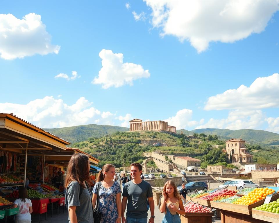 A picturesque scene showcasing the top family-friendly attractions in Sicily. In the foreground, a family of four, including two children in modest casual clothing, explores a vibrant market with colorful stalls filled with fresh fruits and local crafts. The middle ground features an iconic Sicilian landmark, such as the Valley of the Temples, with ancient ruins beautifully preserved. In the background, rolling hills covered with lush greenery under a bright blue sky filled with fluffy white clouds. Soft, warm sunlight casts gentle shadows, creating a cheerful and inviting atmosphere, emphasizing the fun and exploration of family travel. The composition is captured from a slightly elevated angle to provide a comprehensive view of the bustling market and breathtaking landscape.
