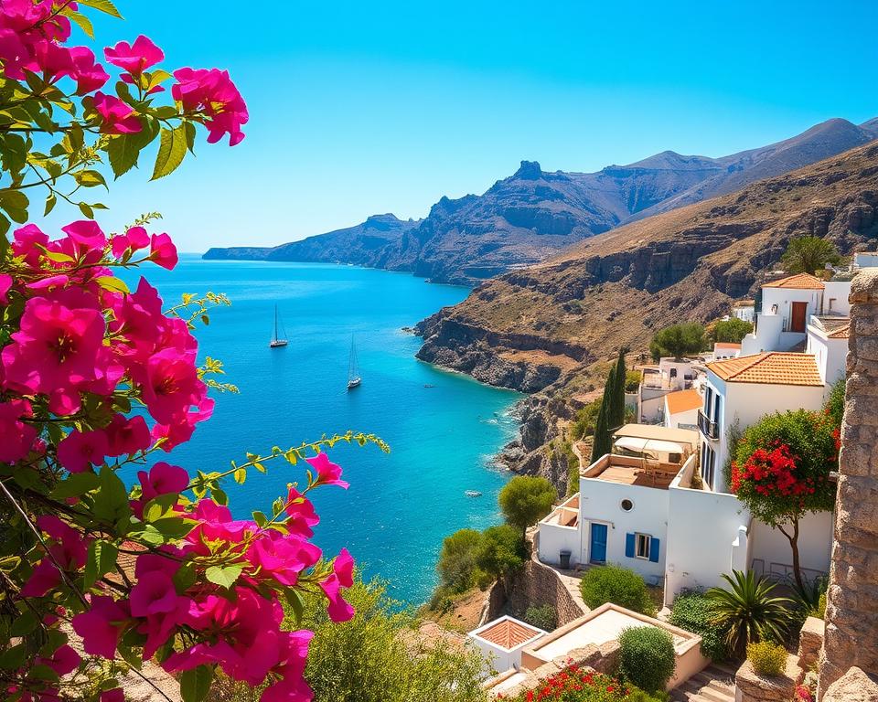 A picturesque summer scene on the Lipari Islands in Italy, featuring a serene coastal view at midday. In the foreground, vibrant bougainvillea flowers in full bloom are intertwined with rocky terraces overlooking the azure sea. The middle ground showcases charming whitewashed houses with red-tiled roofs nestled amongst lush greenery, hinting at traditional Mediterranean architecture. A few sailboats leisurely drift in the sparkling waters, while the stunning backdrop of jagged cliffs and volcanic landscapes rises majestically under a clear blue sky. The sunlight casts a warm and inviting glow over the whole scene, creating a tranquil and idyllic summer atmosphere. The angle is slightly elevated, providing a panoramic view that captures the beauty and essence of summer on the Liparic Islands.