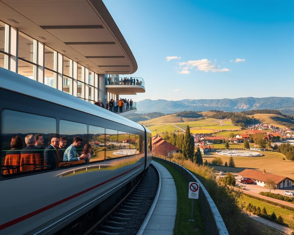 A picturesque travel scene depicting the journey from Germany to Abano Terme, Italy, showcasing different modes of transport. In the foreground, a sleek, modern train glides on its tracks with passengers in professional attire enjoying the scenic views. The middle layer features a spacious airport terminal bustling with travelers checking in for flights, bright and airy with large windows. In the background, a serene, rolling landscape of Abano Terme emerges, adorned with lush greenery, gentle hills, and the distant silhouette of thermal spas under a clear blue sky. The lighting is warm and inviting, suggesting a late afternoon glow, enhancing the atmosphere of relaxation and anticipation. The image captures the essence of a tranquil journey to a wellness destination. A picturesque travel scene depicting the journey from Germany to Abano Terme, Italy, showcasing different modes of transport. In the foreground, a sleek, modern train glides on its tracks with passengers in professional attire enjoying the scenic views. The middle layer features a spacious airport terminal bustling with travelers checking in for flights, bright and airy with large windows. In the background, a serene, rolling landscape of Abano Terme emerges, adorned with lush greenery, gentle hills, and the distant silhouette of thermal spas under a clear blue sky. The lighting is warm and inviting, suggesting a late afternoon glow, enhancing the atmosphere of relaxation and anticipation. The image captures the essence of a tranquil journey to a wellness destination.