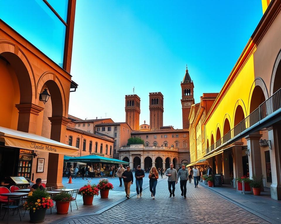 A picturesque view of Arkaden Bologna, showcasing the iconic porticoes that frame the historic architecture. In the foreground, a charming cobblestone street lined with quaint cafes and vibrant flower pots invites passersby to take a moment to enjoy the ambiance. The middle ground features elegantly arched porticoes leading to traditional Italian shops and restaurants, while people in modest casual clothing stroll leisurely, savoring the joie de vivre of the city. In the background, the iconic Two Towers of Bologna rise against a clear blue sky, bathed in warm, golden afternoon light that creates a nostalgic, inviting atmosphere. The scene is captured from a slightly elevated angle, emphasizing the beauty and depth of the streets.