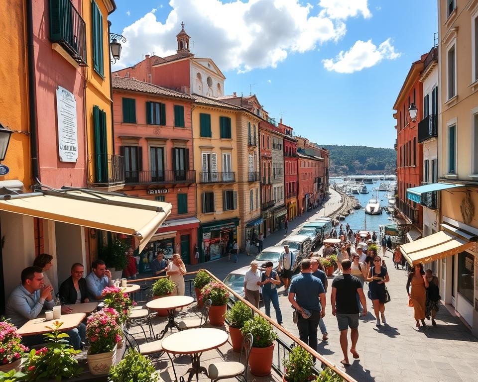 A picturesque view of Genua's historic old town, capturing the vibrant narrow streets lined with colorful façades. In the foreground, an inviting café terrace adorned with flowering plants and small tables where locals enjoy coffee in casual attire. The middle ground features a bustling street filled with pedestrians exploring shops selling fresh seafood and local delicacies. A glimpse of the majestic cathedral peeks from a side street, showcasing its intricate architecture. The background reveals the sparkling harbor with boats gently bobbing in the water, under a bright blue sky with fluffy white clouds. The warm afternoon sunlight casts soft shadows, creating a charming and lively atmosphere typical of Ligurian coastal towns. A picturesque view of Genua's historic old town, capturing the vibrant narrow streets lined with colorful façades. In the foreground, an inviting café terrace adorned with flowering plants and small tables where locals enjoy coffee in casual attire. The middle ground features a bustling street filled with pedestrians exploring shops selling fresh seafood and local delicacies. A glimpse of the majestic cathedral peeks from a side street, showcasing its intricate architecture. The background reveals the sparkling harbor with boats gently bobbing in the water, under a bright blue sky with fluffy white clouds. The warm afternoon sunlight casts soft shadows, creating a charming and lively atmosphere typical of Ligurian coastal towns.