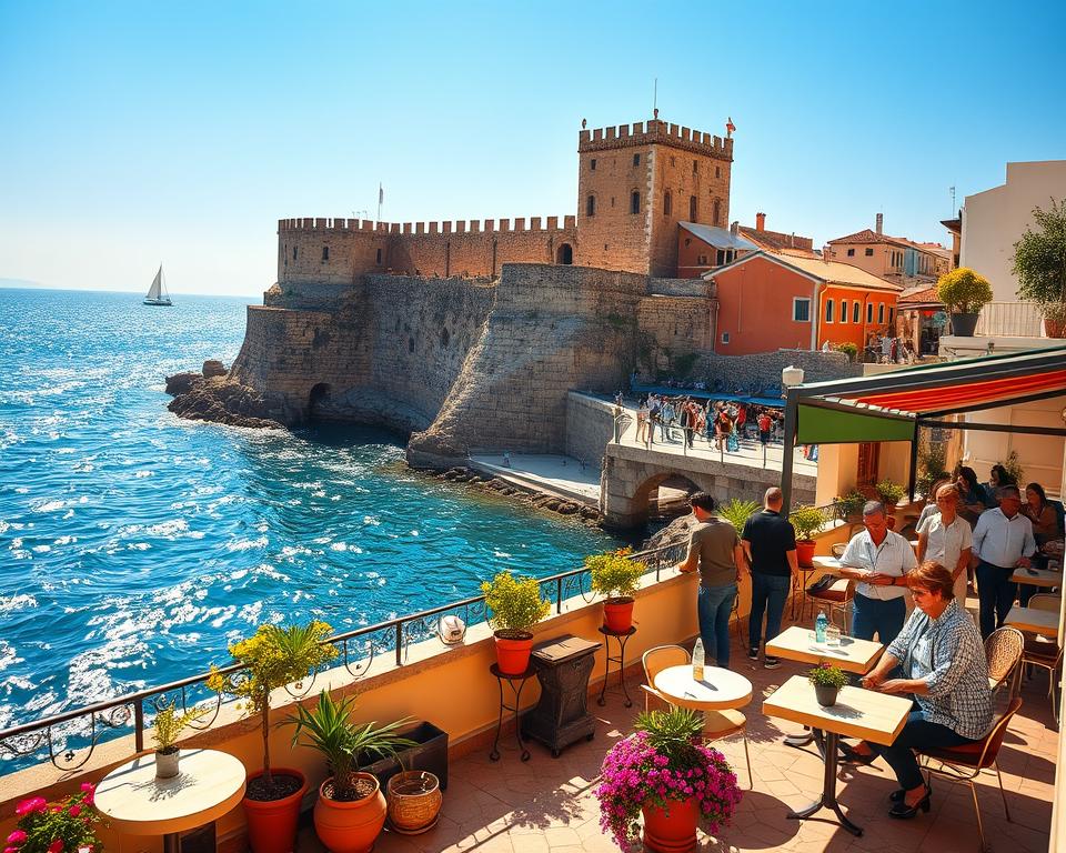 A picturesque view of Otranto, Italy, capturing the essence of travel tips in a vibrant coastal setting. In the foreground, a cozy café terrace with well-dressed locals enjoying coffee, surrounded by potted plants and colorful flowers. The middle ground features the historic Otranto Castle, its ancient stone walls bathed in warm golden sunlight, while tourists in modest casual attire explore nearby. In the background, the sparkling Adriatic Sea glistens under a clear blue sky, with a distant sailboat gently bobbing on the waves. The scene should have a lively yet relaxing atmosphere, conveying the charm and adventure of visiting this enchanting destination. The lighting is bright and inviting, suggesting a perfect day for exploration. Use a wide-angle lens effect to emphasize depth and invite the viewer into the scene.