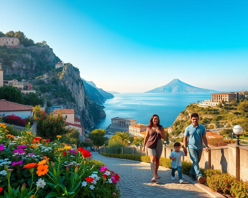 A picturesque view of Taormina, Sicily, showcasing the stunning coastline and dramatic cliffs. In the foreground, vibrant gardens filled with colorful flowers and lush greenery, symbolizing family-friendly activities. In the middle ground, a charming family (two adults and two children) enjoying a leisurely stroll along the cobblestone streets, dressed in modest casual clothing, capturing the joy of vacation. The background features the iconic ancient Greek Theatre and Mount Etna in soft focus, under a clear blue sky with gentle sunlight creating a warm atmosphere. A wide-angle perspective enhances the sweeping view, emphasizing the beauty of this Sicilian gem, inviting families to explore and connect with nature.