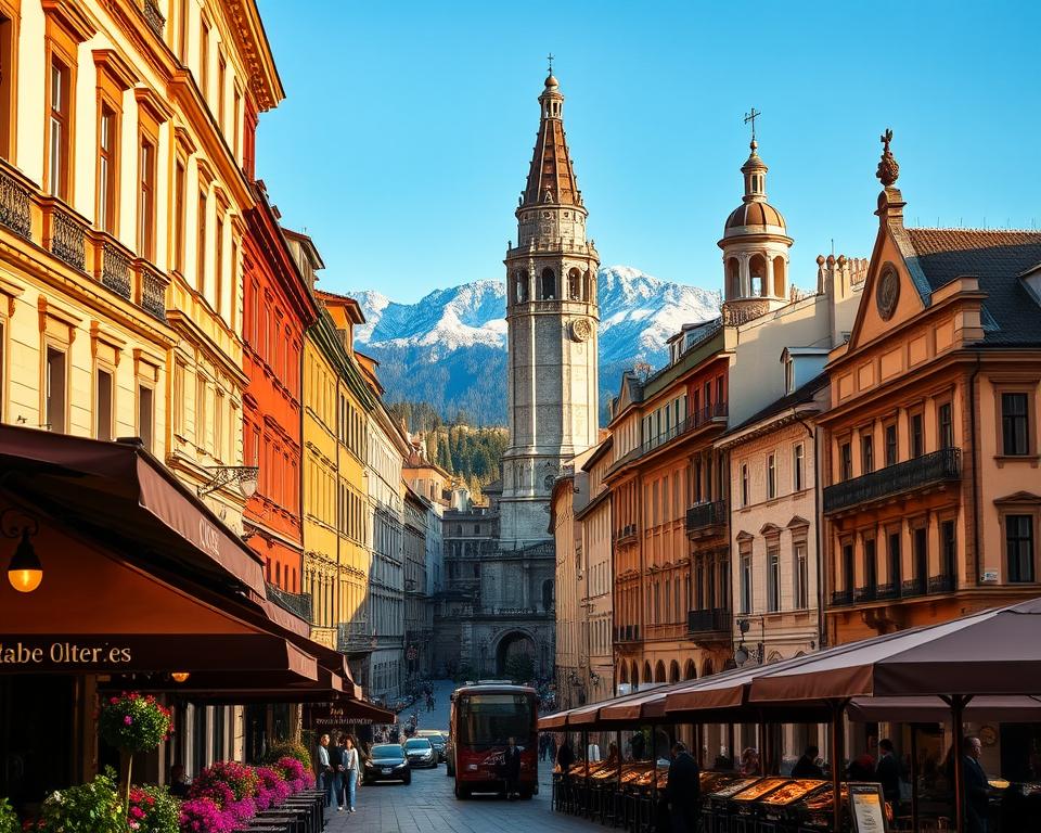 A picturesque view of Turin, Italy, showcasing its stunning baroque architecture. In the foreground, include elegant historic cafés with outdoor seating, adorned with colorful flowers and rich pastries on display, evoking the city's famous coffeehouse culture. The middle ground features the iconic Mole Antonelliana, towering against the sky, alongside other baroque buildings with intricate details. In the background, the majestic Alps rise dramatically, their snow-capped peaks contrasting with the blue sky. The lighting is warm and inviting, capturing the golden hour glow, creating a romantic atmosphere. The scene is framed from a slight elevation, providing a panoramic view that emphasizes the beauty and charm of Turin's urban landscape, perfect for an article on Italy's enchanting cities. A picturesque view of Turin, Italy, showcasing its stunning baroque architecture. In the foreground, include elegant historic cafés with outdoor seating, adorned with colorful flowers and rich pastries on display, evoking the city's famous coffeehouse culture. The middle ground features the iconic Mole Antonelliana, towering against the sky, alongside other baroque buildings with intricate details. In the background, the majestic Alps rise dramatically, their snow-capped peaks contrasting with the blue sky. The lighting is warm and inviting, capturing the golden hour glow, creating a romantic atmosphere. The scene is framed from a slight elevation, providing a panoramic view that emphasizes the beauty and charm of Turin's urban landscape, perfect for an article on Italy's enchanting cities.