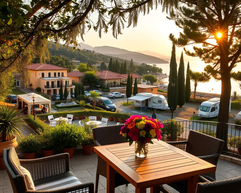 A picturesque view of "Unterkunft Gargano," showcasing a charming Italian holiday retreat. In the foreground, a serene outdoor patio with cozy seating and a rustic wooden table adorned with a vase of vibrant flowers. In the middle ground, elegant hotels, traditional masserien, and inviting vacation apartments nestled among lush greenery and Mediterranean-style architecture, reflecting warm earth tones. A serene camping area with tents and campers can be seen under the shade of tall cypress trees. The background features rolling hills and the breathtaking coastline of Gargano, bathed in soft golden sunlight during the golden hour. The atmosphere is tranquil and inviting, perfect for relaxation. The image should be well-lit, capturing the essence of Italian hospitality and the natural beauty of the Gargano region, viewed from a slightly elevated angle to encompass the entire scene. A picturesque view of "Unterkunft Gargano," showcasing a charming Italian holiday retreat. In the foreground, a serene outdoor patio with cozy seating and a rustic wooden table adorned with a vase of vibrant flowers. In the middle ground, elegant hotels, traditional masserien, and inviting vacation apartments nestled among lush greenery and Mediterranean-style architecture, reflecting warm earth tones. A serene camping area with tents and campers can be seen under the shade of tall cypress trees. The background features rolling hills and the breathtaking coastline of Gargano, bathed in soft golden sunlight during the golden hour. The atmosphere is tranquil and inviting, perfect for relaxation. The image should be well-lit, capturing the essence of Italian hospitality and the natural beauty of the Gargano region, viewed from a slightly elevated angle to encompass the entire scene.