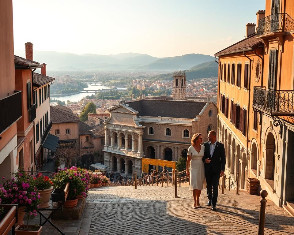 A picturesque view of Verona, Italy, showcasing a charming blend of romance and historical beauty. In the foreground, a cobblestone street lined with ancient buildings, adorned with blooming flowers. The middle ground features the iconic Arena di Verona, illuminated softly by golden hour lighting, with couples strolling nearby in smart casual attire, embodying the romantic atmosphere. In the background, the tranquil Adige River winds around the city, framed by lush green hills and the distant silhouette of the Juliet's balcony. A warm, inviting ambiance pervades the scene, evoking feelings of nostalgia and enchantment. The composition should be captured from a slightly elevated angle, giving an expansive view of this enchanting cityscape, highlighting both architectural details and natural beauty. A picturesque view of Verona, Italy, showcasing a charming blend of romance and historical beauty. In the foreground, a cobblestone street lined with ancient buildings, adorned with blooming flowers. The middle ground features the iconic Arena di Verona, illuminated softly by golden hour lighting, with couples strolling nearby in smart casual attire, embodying the romantic atmosphere. In the background, the tranquil Adige River winds around the city, framed by lush green hills and the distant silhouette of the Juliet's balcony. A warm, inviting ambiance pervades the scene, evoking feelings of nostalgia and enchantment. The composition should be captured from a slightly elevated angle, giving an expansive view of this enchanting cityscape, highlighting both architectural details and natural beauty.