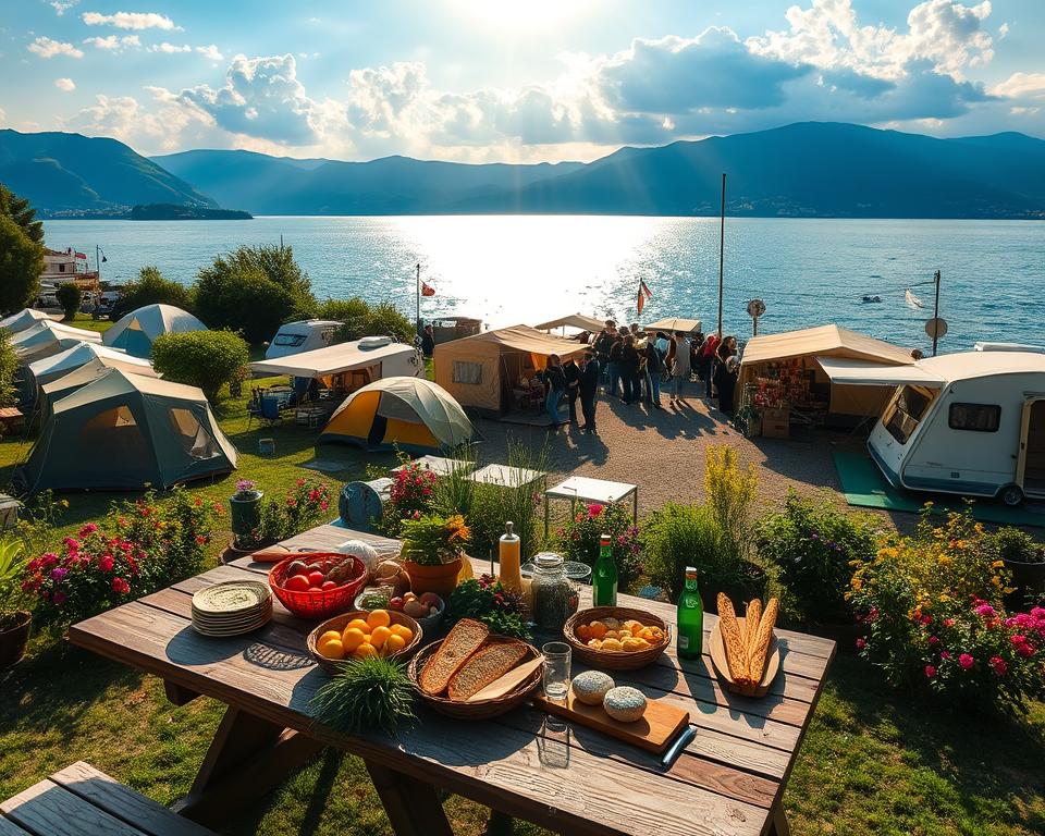 A picturesque view of a charming lakeside campsite near Lake Garda, dotted with well-equipped tents and cozy campers, surrounded by vibrant greenery and colorful flowers. In the foreground, a wooden picnic table laden with fresh local produce, bread, and drinks, inviting campers to enjoy a meal. In the middle ground, a quaint marketplace stalls selling regional specialties like olives, cheese, and artisanal crafts, bustling with friendly vendors and visitors in casual attire. The background features the shimmering blue waters of Lake Garda, framed by rolling hills and the soft glow of a late afternoon sun casting warm light through scattered clouds, creating a serene and inviting atmosphere. The scene should convey a sense of community and the joys of camping surrounded by nature.