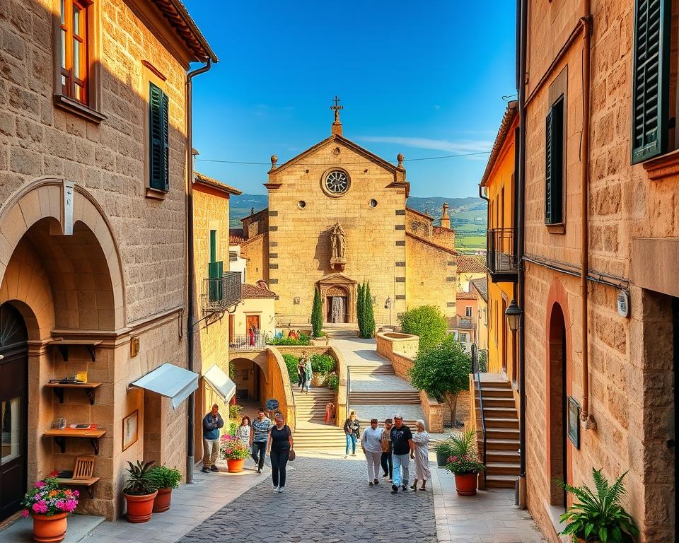 A picturesque view of the Altstadt (Old Town) of Agrigento, Sicily, depicting its charming narrow cobblestone streets lined with ancient stone buildings, showcasing a blend of Baroque and medieval architecture. In the foreground, colorful flower pots and small outdoor cafes add vibrancy, while people in modest casual clothing stroll leisurely among the arches and staircases. The middle ground features the iconic Cathedral of San Gerlando, with its intricate facade illuminated by warm afternoon sunlight. In the background, the rolling hills and distant ruins of the Valley of the Temples are visible under a clear blue sky. The atmosphere is serene and inviting, evoking a sense of rich history and cultural heritage. Capture this scene with a warm color palette, focusing on natural lighting to enhance the textures of the stones and the tranquil ambiance. A picturesque view of the Altstadt (Old Town) of Agrigento, Sicily, depicting its charming narrow cobblestone streets lined with ancient stone buildings, showcasing a blend of Baroque and medieval architecture. In the foreground, colorful flower pots and small outdoor cafes add vibrancy, while people in modest casual clothing stroll leisurely among the arches and staircases. The middle ground features the iconic Cathedral of San Gerlando, with its intricate facade illuminated by warm afternoon sunlight. In the background, the rolling hills and distant ruins of the Valley of the Temples are visible under a clear blue sky. The atmosphere is serene and inviting, evoking a sense of rich history and cultural heritage. Capture this scene with a warm color palette, focusing on natural lighting to enhance the textures of the stones and the tranquil ambiance.