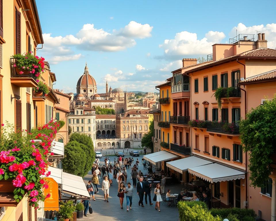 A picturesque view of the most beautiful cities in Italy, showcasing iconic landmarks and charming architecture. In the foreground, vibrant flower-filled balconies typical of Italian homes, with lush greenery and colorful blossoms. The middle ground features a bustling piazza with people dressed in modest casual clothing, enjoying gelato and sipping coffee at outdoor cafes under delicate awnings. In the background, a stunning skyline of historic buildings like the Florence Cathedral, the Colosseum, and the canals of Venice, all bathed in warm, golden late afternoon sunlight. The image should evoke a sense of warmth and joy, with soft, inviting colors and a serene sky dotted with fluffy clouds, capturing the essence of Italian culture and beauty.