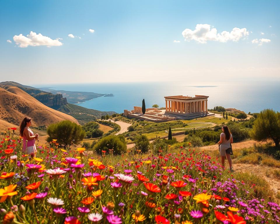A picturesque view of the stunning landscapes surrounding Agrigento, Sicily, showcasing a diverse itinerary for day trips. In the foreground, vibrant wildflowers bloom against rolling hills, while families in modest casual clothing explore ancient ruins and historic sites. The middle ground features the majestic Valley of the Temples bathed in golden sunlight, with ancient Greek temples standing proudly among the lush greenery. In the background, the captivating Mediterranean Sea glimmers under a clear blue sky, dotted with a few fluffy white clouds. The scene is captured at a slight angle, highlighting the vibrancy and natural beauty of the area, evoking a sense of adventure and exploration. The overall mood is warm and inviting, perfect for a day of discovery in Sicily. A picturesque view of the stunning landscapes surrounding Agrigento, Sicily, showcasing a diverse itinerary for day trips. In the foreground, vibrant wildflowers bloom against rolling hills, while families in modest casual clothing explore ancient ruins and historic sites. The middle ground features the majestic Valley of the Temples bathed in golden sunlight, with ancient Greek temples standing proudly among the lush greenery. In the background, the captivating Mediterranean Sea glimmers under a clear blue sky, dotted with a few fluffy white clouds. The scene is captured at a slight angle, highlighting the vibrancy and natural beauty of the area, evoking a sense of adventure and exploration. The overall mood is warm and inviting, perfect for a day of discovery in Sicily.