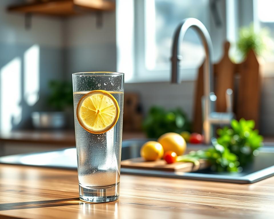 A pristine kitchen scene bathed in soft, natural light, emphasizing a modern glass of tap water adorned with a slice of lemon, reflecting the Italian lifestyle. In the foreground, the glass is delicately set on a wooden countertop with droplets of condensation clinging to its surface. The middle ground features a contemporary kitchen sink with the faucet gently running, showcasing crystal-clear water. In the background, tastefully arranged herbs and fresh produce hint at healthy living. The atmosphere is inviting and serene, suggesting safety and freshness in drinking tap water. Capture this from a slightly elevated angle to highlight the play of light and the refreshing nature of the water. A pristine kitchen scene bathed in soft, natural light, emphasizing a modern glass of tap water adorned with a slice of lemon, reflecting the Italian lifestyle. In the foreground, the glass is delicately set on a wooden countertop with droplets of condensation clinging to its surface. The middle ground features a contemporary kitchen sink with the faucet gently running, showcasing crystal-clear water. In the background, tastefully arranged herbs and fresh produce hint at healthy living. The atmosphere is inviting and serene, suggesting safety and freshness in drinking tap water. Capture this from a slightly elevated angle to highlight the play of light and the refreshing nature of the water.