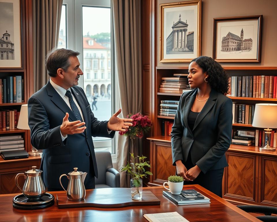 A professional setting in an elegant Italian office, featuring two individuals engaging in conversation. One person is a middle-aged Italian man in a tailored navy suit, gesturing while explaining something. The other is a young woman of diverse descent in a smart blazer, listening attentively with a thoughtful expression. The foreground displays a wooden desk adorned with an Italian coffee set, and a small potted plant. In the middle, a window reveals a picturesque view of an Italian piazza, with soft natural light filtering in, creating a warm atmosphere. The background showcases bookshelves filled with classic literature and framed art pieces of Italian landmarks. The overall mood is refined and culturally rich, illustrating formal communication and the essence of Italian expressions. A professional setting in an elegant Italian office, featuring two individuals engaging in conversation. One person is a middle-aged Italian man in a tailored navy suit, gesturing while explaining something. The other is a young woman of diverse descent in a smart blazer, listening attentively with a thoughtful expression. The foreground displays a wooden desk adorned with an Italian coffee set, and a small potted plant. In the middle, a window reveals a picturesque view of an Italian piazza, with soft natural light filtering in, creating a warm atmosphere. The background showcases bookshelves filled with classic literature and framed art pieces of Italian landmarks. The overall mood is refined and culturally rich, illustrating formal communication and the essence of Italian expressions.
